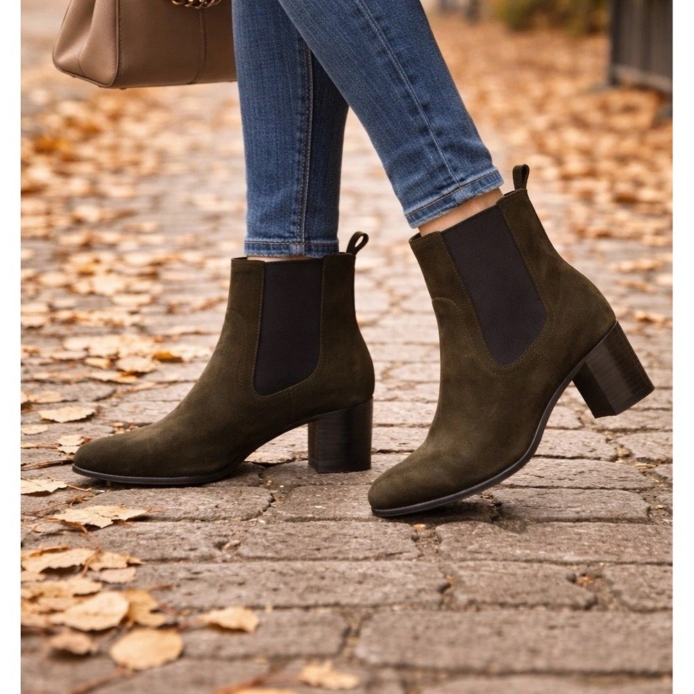 Patina Suede Chelsea Ankle Boots Handmade Mexico Size 9 Square Toe Block Heel